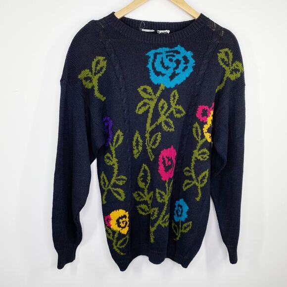 Catalina Vintage Navy Blue Floral Knit Crewneck Sweater Women's Size Large L - Picture 7 of 7